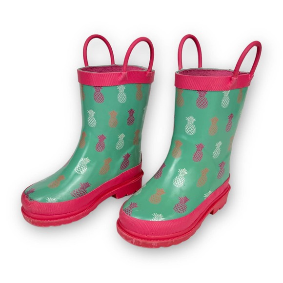 Lily & Dan Toddler Girls Rubber Rain Boots Size 7 Green Pink Pineapple Pull On - Picture 2 of 13